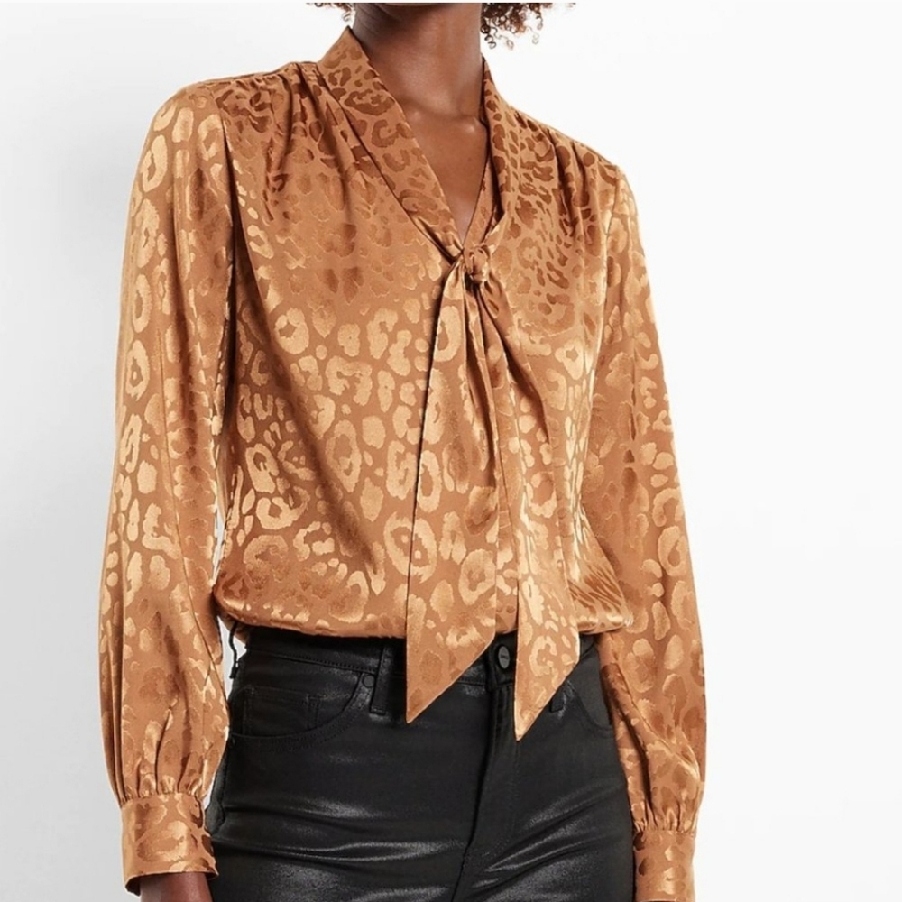 Express Satin Leopard Print Tie-Neck Portofino Blouse